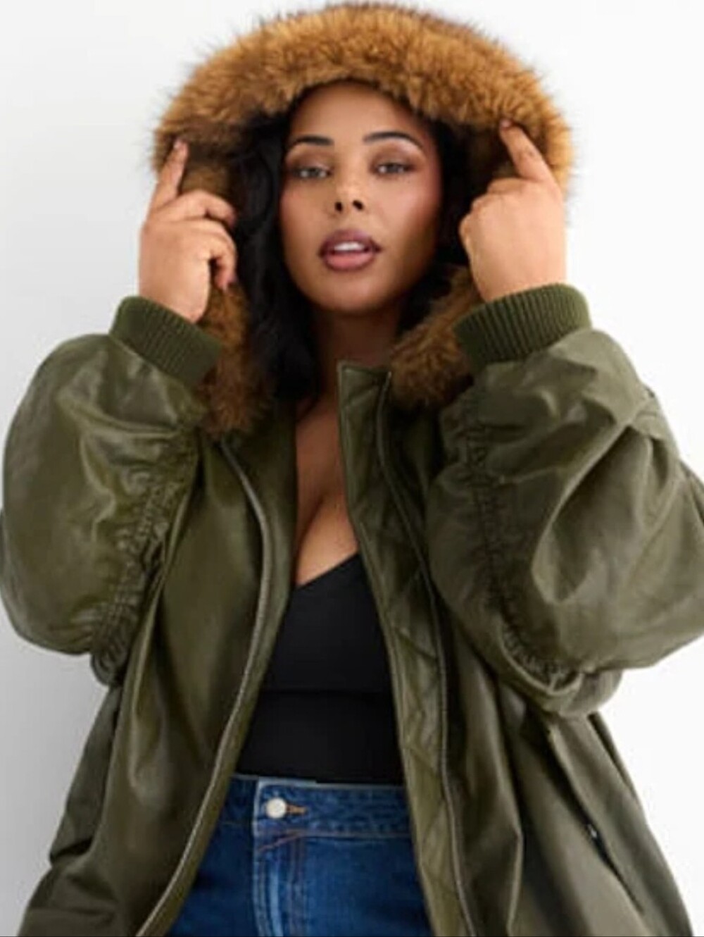 ASHLEY GRAHM Women's Olive Green Hooded Parka with Faux Fur Trim 5X